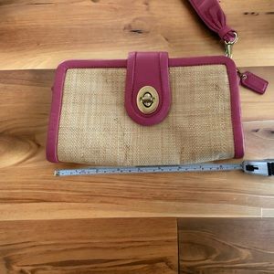 Coach Organic Straw Pink Leather Wristlet Clutch Purse, cute!